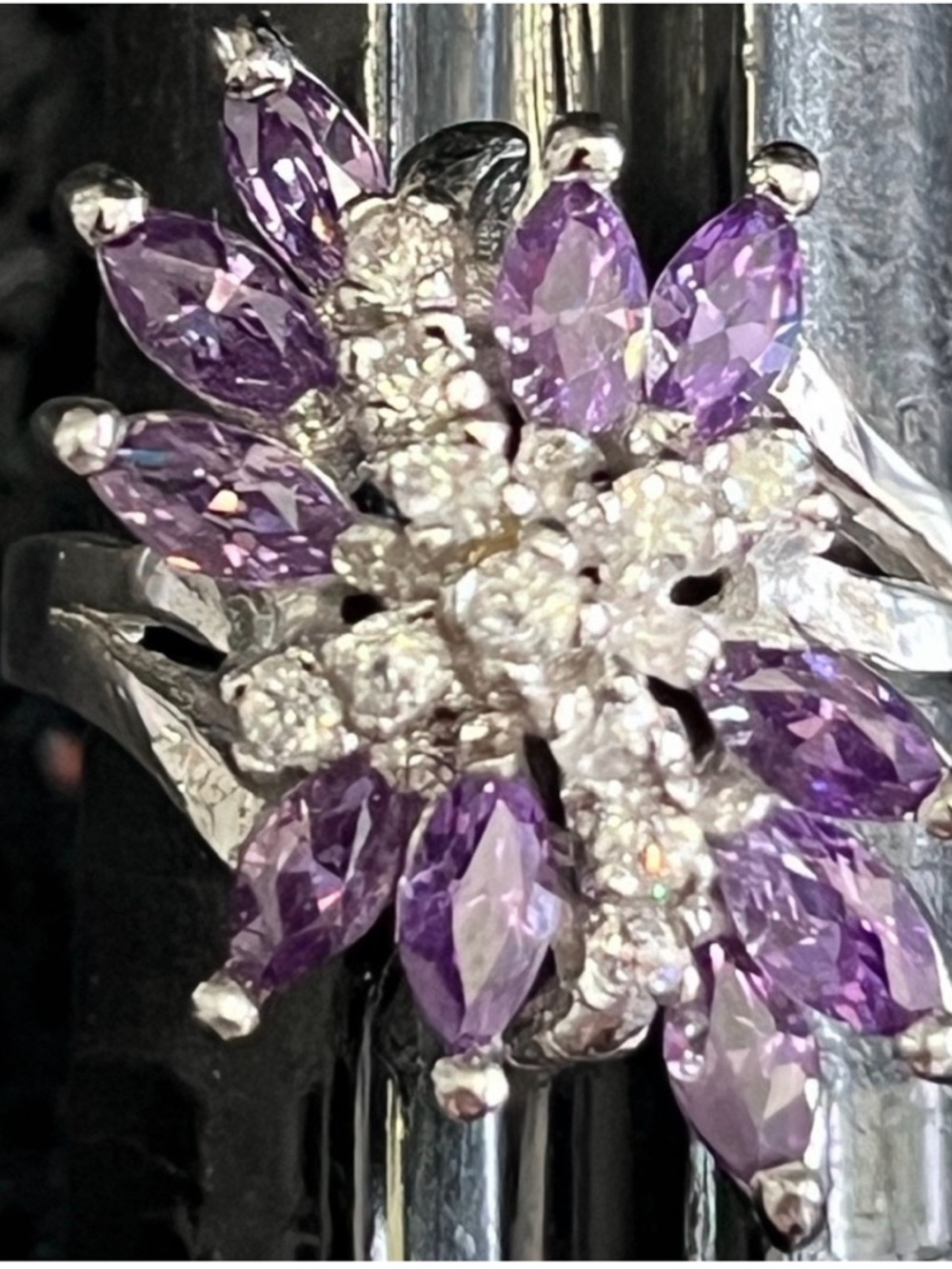 Suzanne Somers vintage purple CZ marquise silver cocktail statement ring HSN